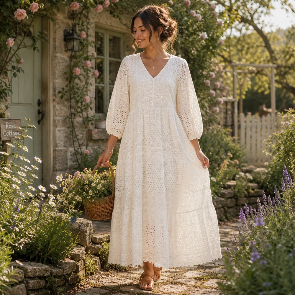 Tiered Eyelet Prairie Dress XL Ivory Midi Cottage Boho Beach Wedding Romantic
